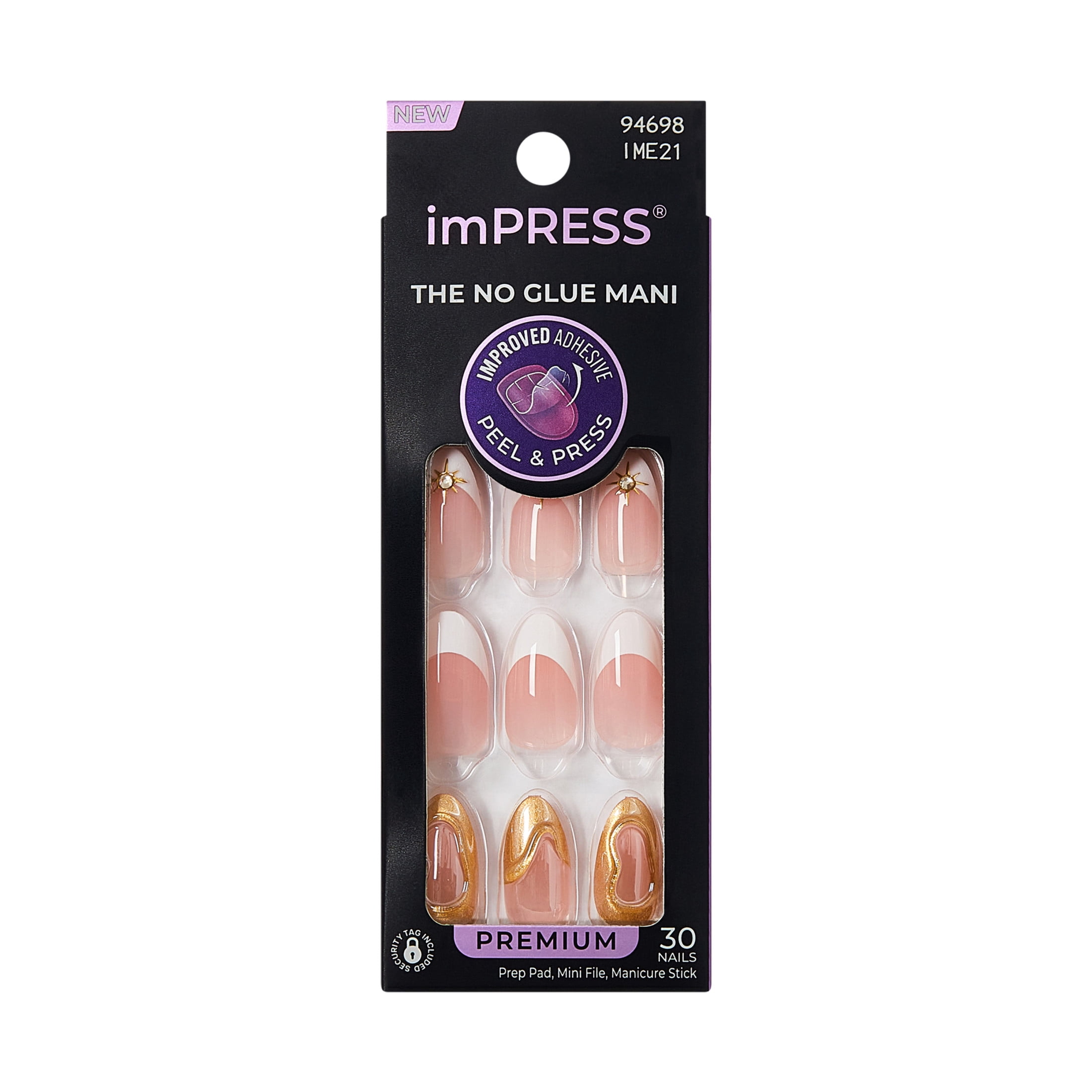 Kiss Impress Premium Medium Almond Press on Nails, White & Gold, 30 Pieces