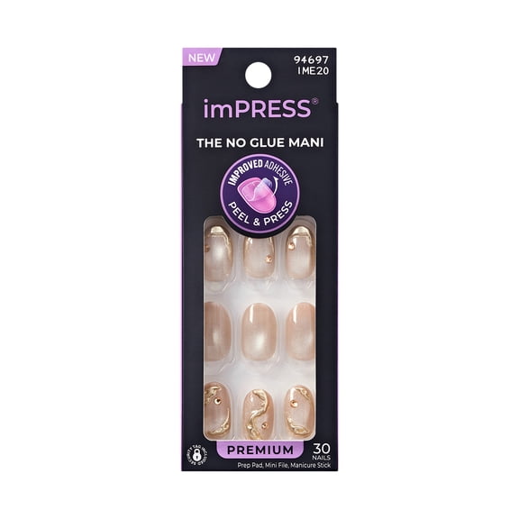 Kiss Impress Premium Press On Nails Short, Over The Top, Beige, Oval, 30 Count