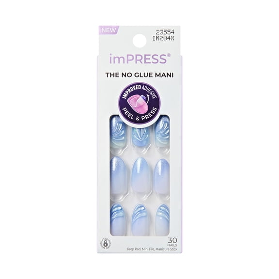 Kiss Impress Press On Nails Almond, Ciel, Blue, Medium Length, 30 Count