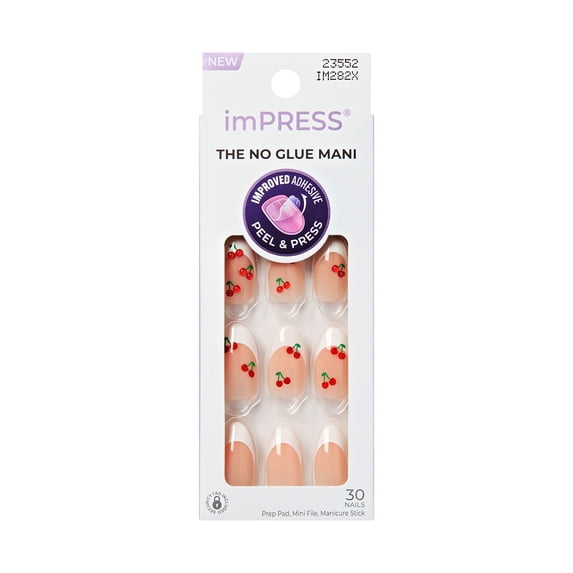 Kiss Impress Press On Nails French, ‘Coast’, Red and White, Medium Almond, 30 Count