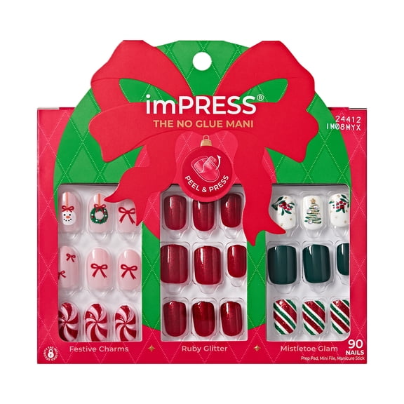 Kiss Impress Press On Nails Holiday Gift Set, Red & Green , Short Squoval, 90 Count