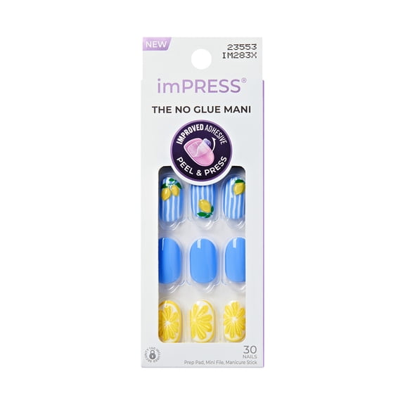 Kiss Impress Press On Nails Short, Cherie, Blue and Yellow, Oval Shape, 30 Count