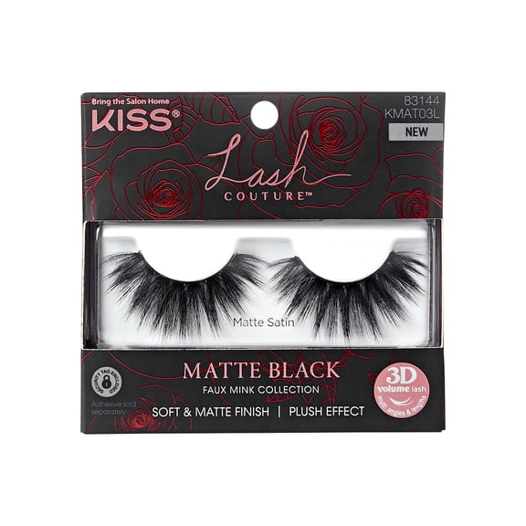 Kiss Lash Couture Matte Black Faux Mink Eyelashes, Matte Satin, 1 Pair of Lashes