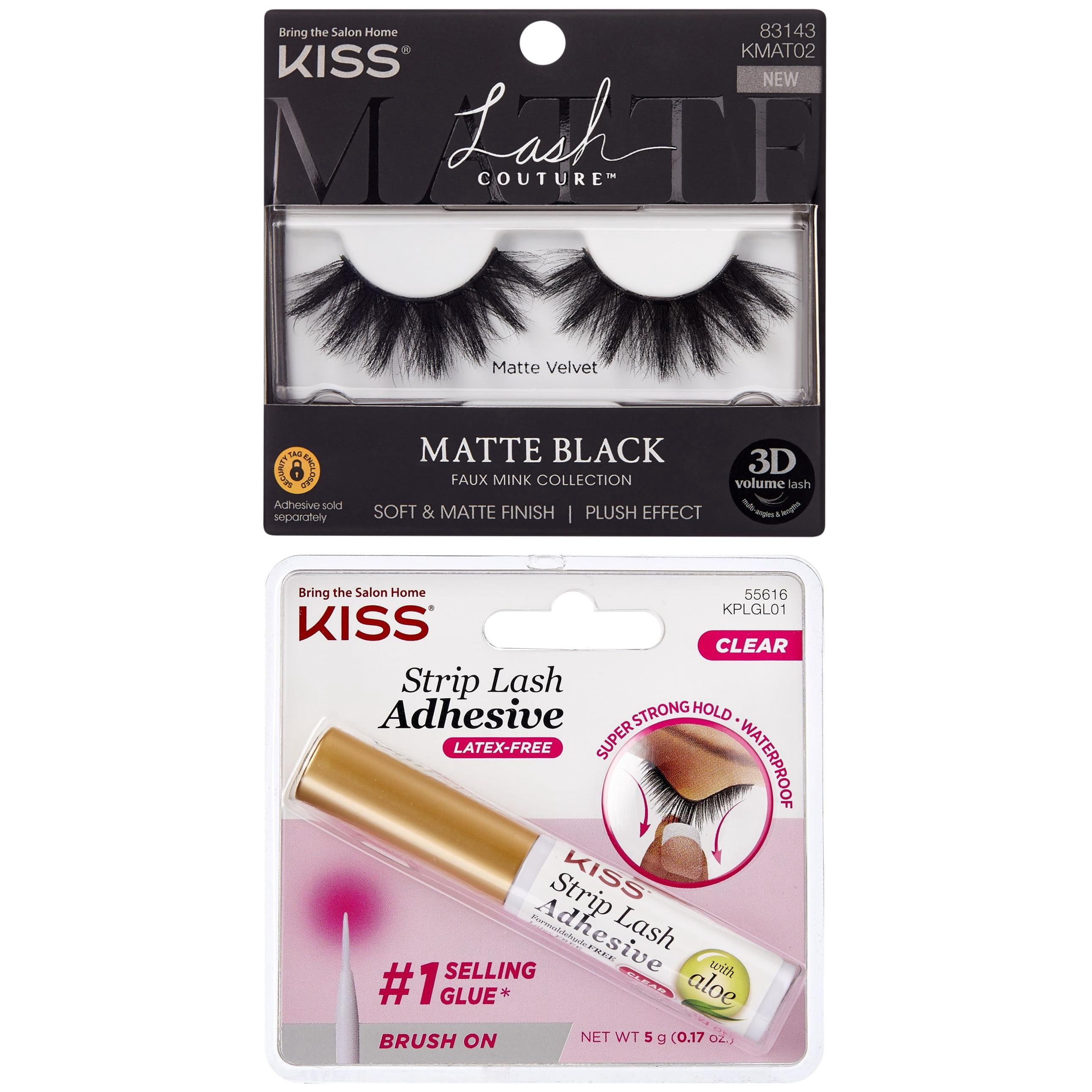 Kiss Lash Couture Matte Black Faux Mink False Eyelashes, Strip Lashes, Matte Velvet, Black, 1 Pair and  KISS Strip Lash Adhesive, Lash Glue, 24hr Strip Eyelash Adhesive, Clear, 0.17 oz.