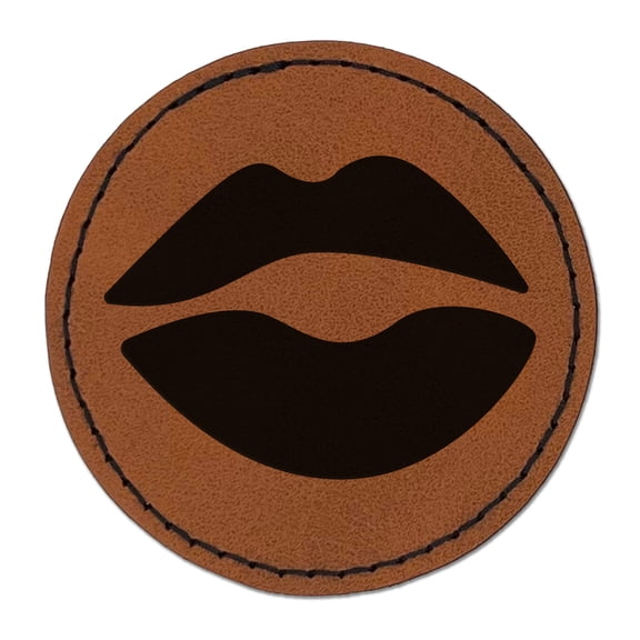 Kiss Lips 2.5" Faux Leather Round Engraved Iron-On Patch - Brown