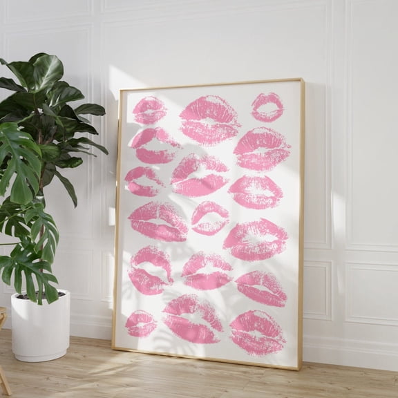 Kiss Lips Pink Wall Art Trendy Preppy Dorm Poster Funky Fashion Blush Makeup Room Decoration, Unframed Paper Poster 8x10in