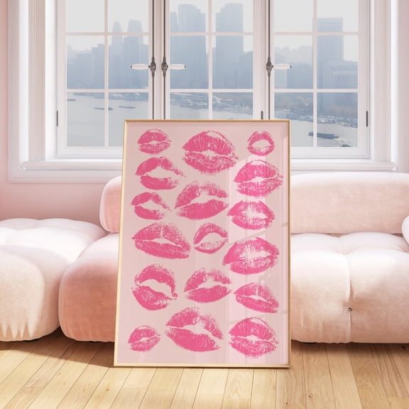 Kiss Lips Pink Wall Art Trendy Preppy Dorm Poster Funky Fashion Makeup Room Decoration, Unframed Canvas 8x10in