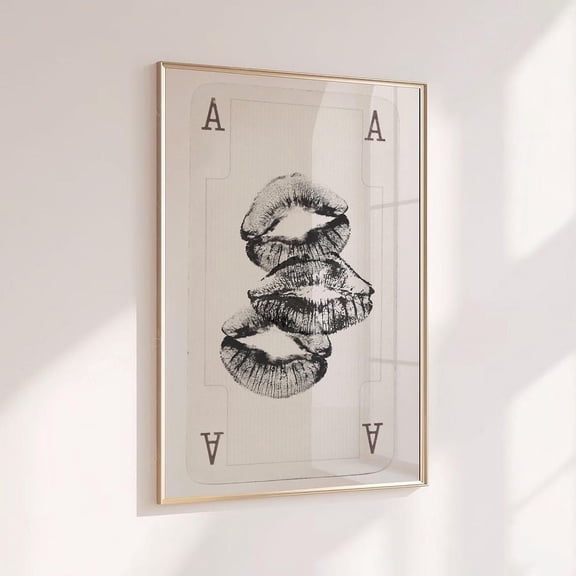 Kiss Lips Wall Art Black And White Playing Card Trendy Fashion Stylish Print Office Decor Aesthetic Girly Apartment Fashion Retro Lips Home Decor #743, Unframed Canvas Size 16x24