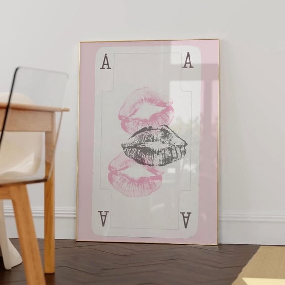 Kiss Lips Wall Art Pink Black And White Playing Card Trendy Fashion Stylish Print Office Decor Aesthetic Girly Apartment Fashion Retro Lips Home Decor #726, Unframed Canvas Size 8x12