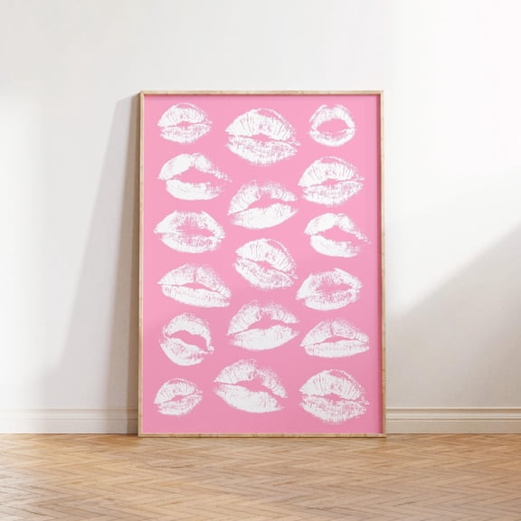 Kiss Lips Wall Art Pink Lips Print Funky Preppy Fashion Makeup Decor, Unframed Paper Poster 8x10in