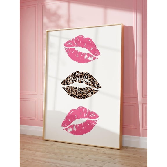 Kiss Lips Wall Art Trendy Wall Art Trendy Leopard Print Pink Aesthetic Wall Art Dorm Wall Art Preppy Dorm Girly Print Fashion Art Wall Art, Modern Wall Decor, 16x24 UNFRAMED