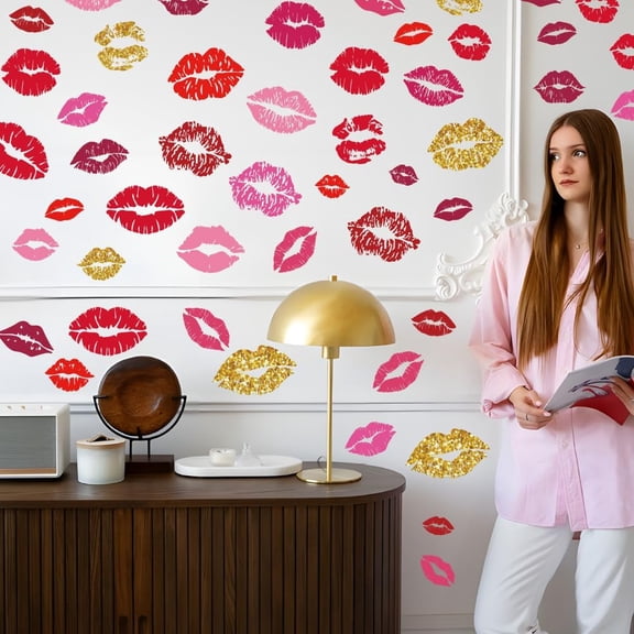 Kiss Lips Wall Stickers 48pcs Red Lips Sticker Self-Adhesive Vinyl Wall Decals Valentine's Day Trendy DIY for Bedroom Bathroom Party Decorations Lip Decals for Wall Room Decor Mixed Color