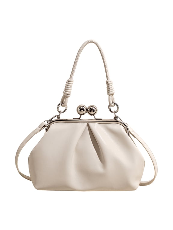 Kiss Lock Crossbody Bag, Water Resistant Shoulder Bag with Adjustable Strap, Elegant Clutch for Office Work Shopping (White)