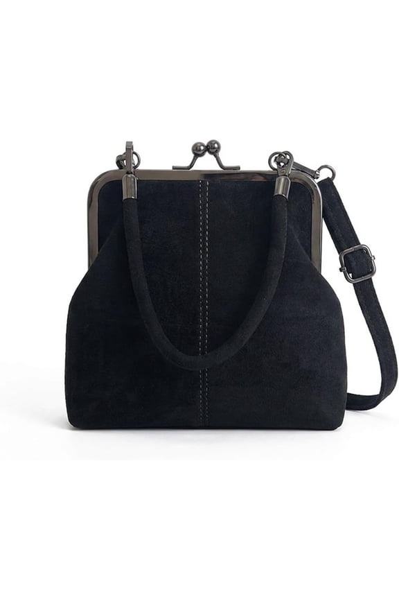 Kiss Lock Shoulder Crossbody Bag,Suede Color Block Frame Bag,Vintage Top Handle Handbag Satchel