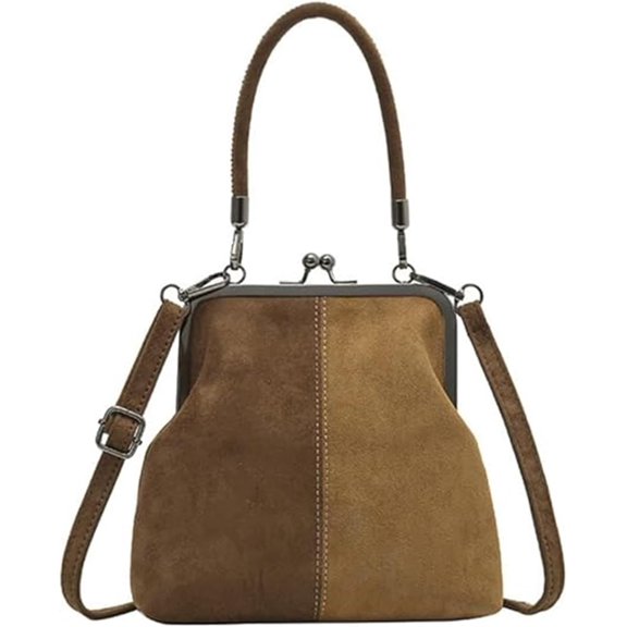Kiss Lock Shoulder Crossbody Bag,Suede Color Block Frame Bag,Vintage Top Handle Handbag Satchel