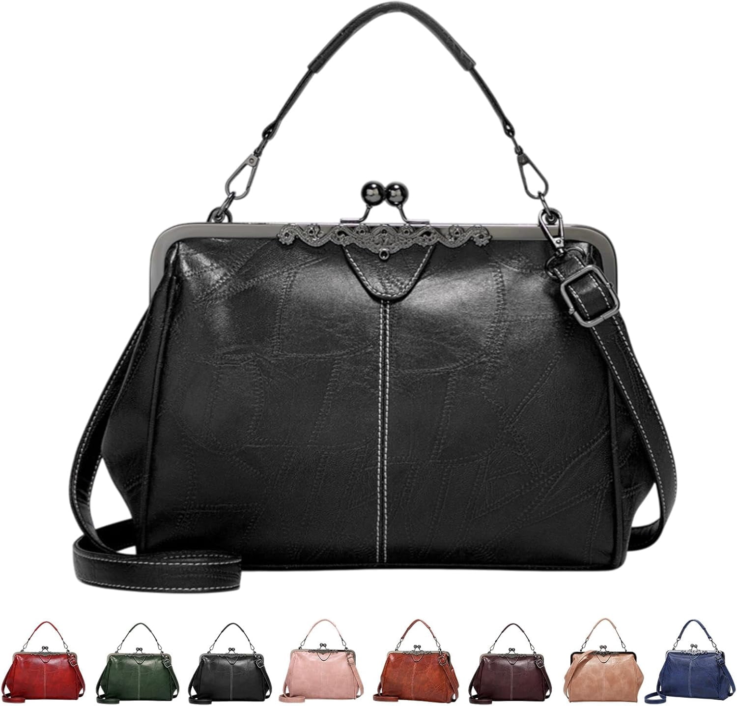 Kiss Lock Tote Handbag for Women, Vintage Frame Purse with Top Handle & Crossbody Strap, Structured Leather Shoulder Bag for Work, Daily, Travel