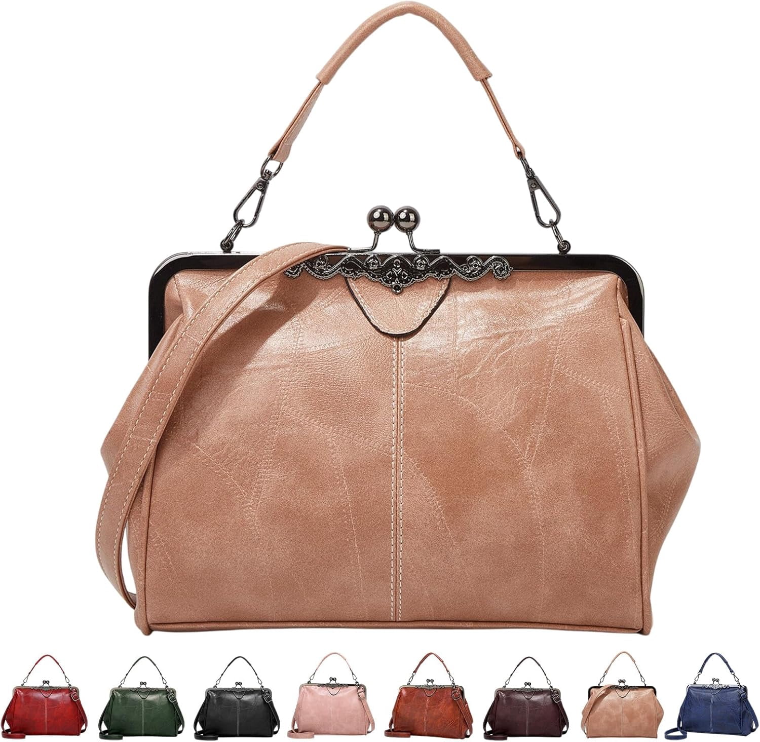 Kiss Lock Tote Handbag for Women, Vintage Frame Purse with Top Handle & Crossbody Strap, Structured Leather Shoulder Bag for Work, Daily, Travel