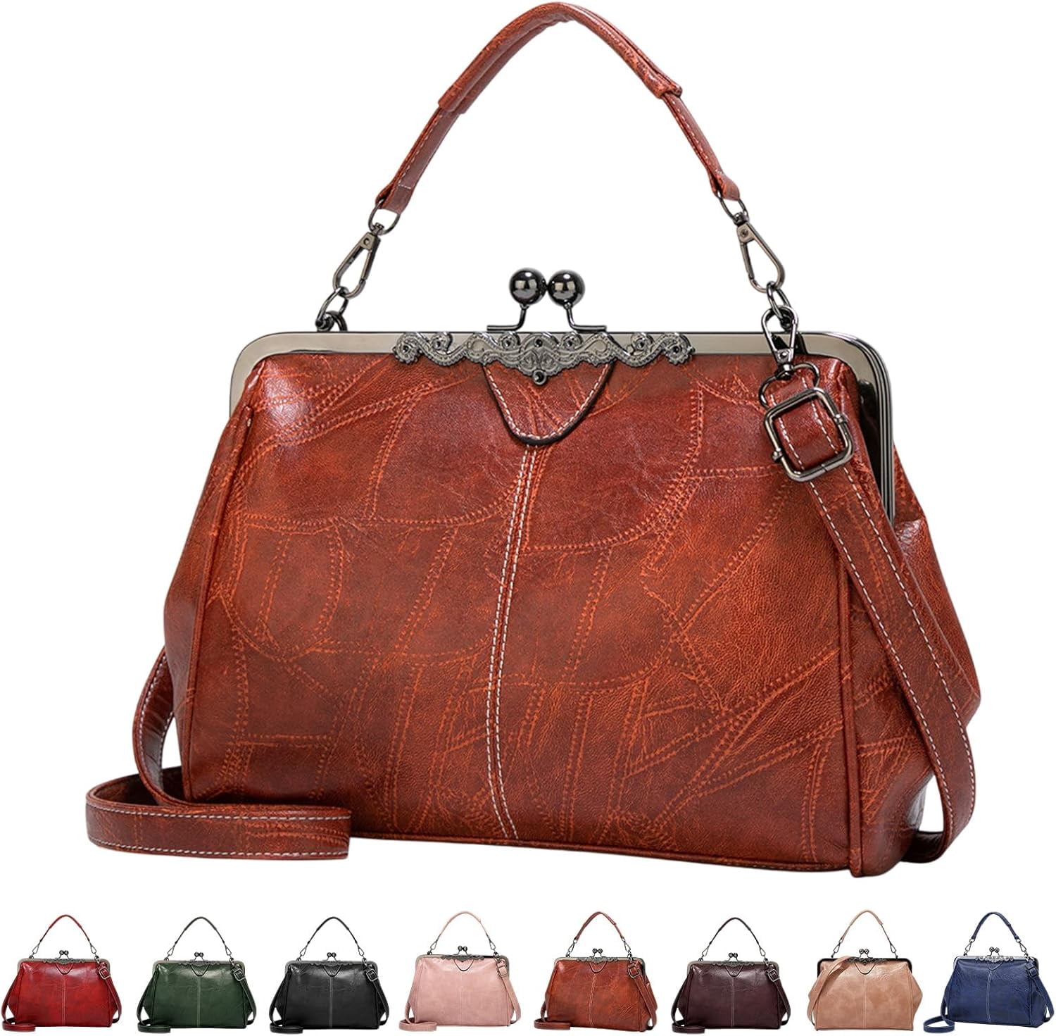 Kiss Lock Tote Handbag for Women, Vintage Frame Purse with Top Handle & Crossbody Strap, Structured Leather Shoulder Bag for Work, Daily, Travel