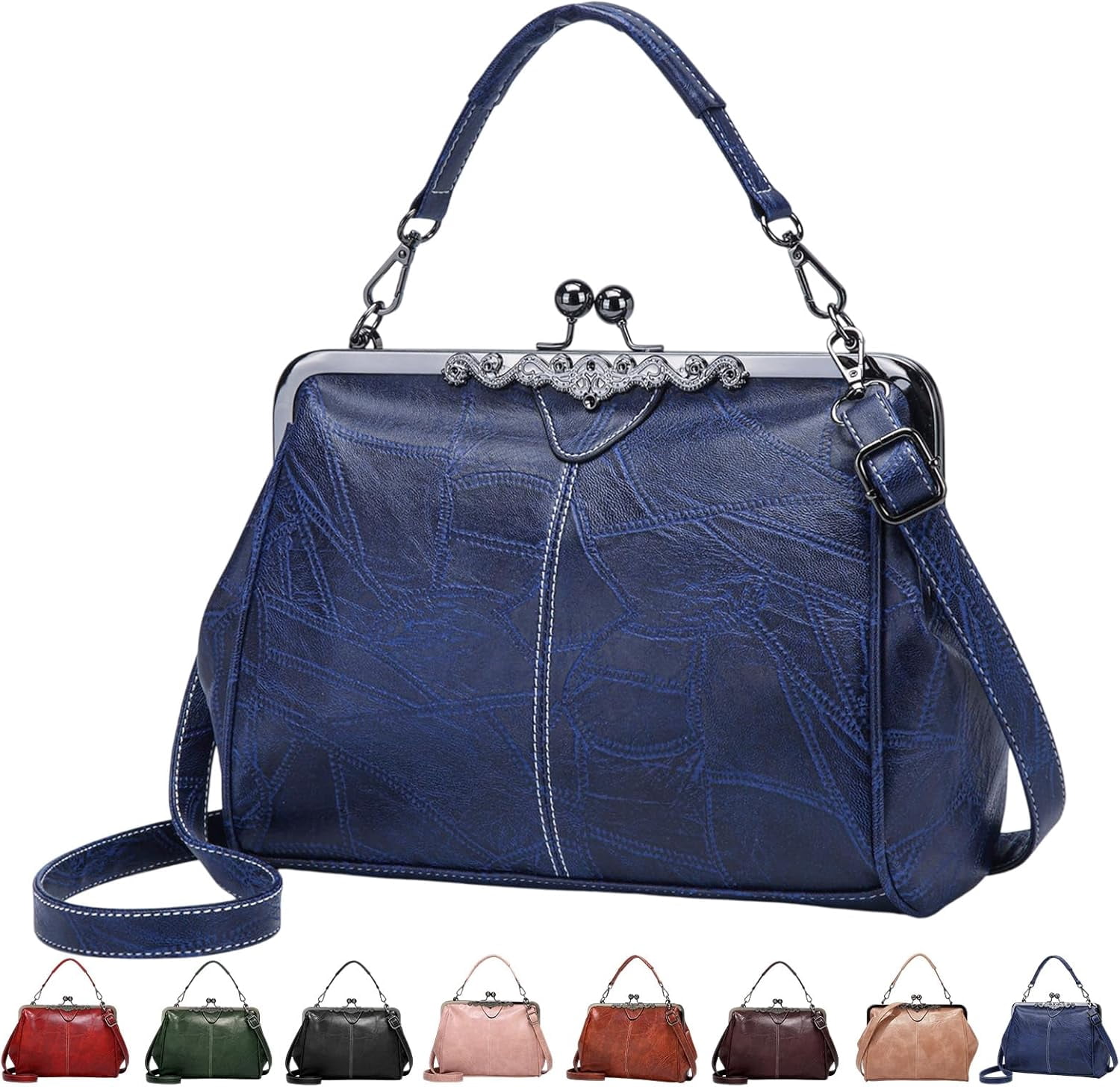 Kiss Lock Tote Handbag for Women, Vintage Frame Purse with Top Handle & Crossbody Strap, Structured Leather Shoulder Bag for Work, Daily, Travel