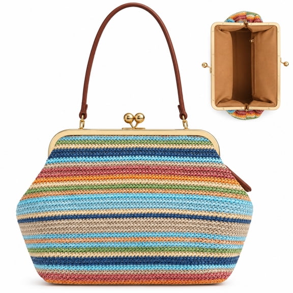 Kiss Lock Woven Straw Handbag, Large Capacity Rainbow Striped Shoulder Bag with Metal Frame, Summer Beach Purse for Women
