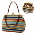thumbnail image 1 of Kiss Lock Woven Straw Handbag, Large Capacity Rainbow Striped Shoulder Bag with Metal Frame, Summer Beach Purse for Women, 1 of 9