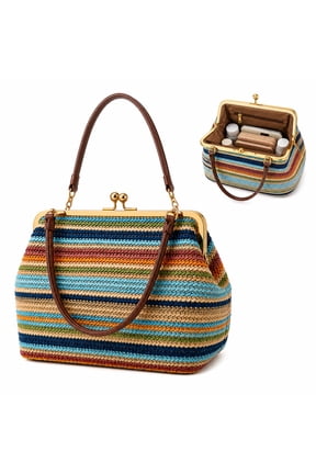 Kiss Lock Woven Straw Handbag, Large Capacity Rainbow Striped Shoulder Bag with Metal Frame, Summer Beach Purse for Women