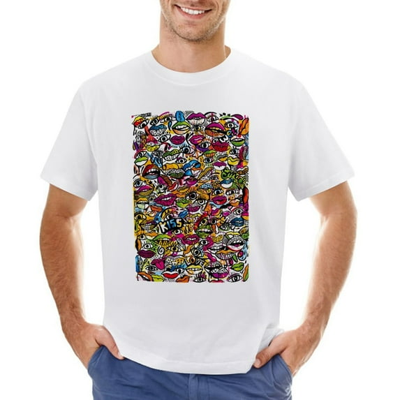 Kiss Love Eye Mouth Men’s T-Shirt 100% Cotton Casual Short Sleeve Tops Gift Tee White 3XL
