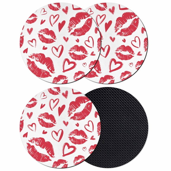 Kiss Marks Coasters Set of 4, Absorbent Coasters for Drinks, Valentine's Day Lips Print Love Red Vintage Coaster for Desk Coffee Table Protection, Home Decor House Warming Gifts 4"