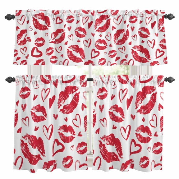 Kiss Marks Kitchen Curtains Sets for Windows 24 Inch Length, Valentine's Day Lips Print Love Red Vintage Rod Pocket Window Treatments Tier Curtains and Valances Set for Bedroom/Bathroom