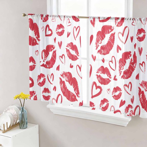 Kiss Marks Sheer Curtains 54 Inch Length 2 Panels Set Window Treatments, Valentine's Day Lips Print Love Red Vintage Rod Pocket Semi Curtains for Living Room/Bedroom/Kitchen Décor, 104"W x 54"L