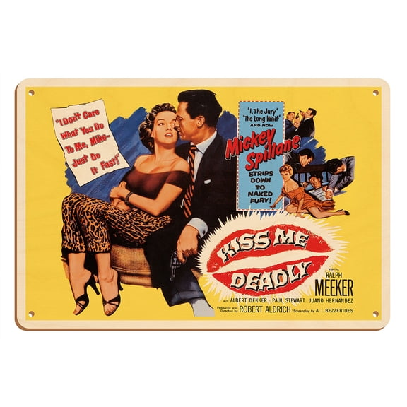 Kiss Me Deadly - Starring Ralph Meeker & Paul Stewart - Vintage Film Noir Movie Poster c.1955 - 8 x 12 inch Vintage Wood Art Sign