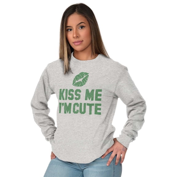 Kiss Me I'm Cute Saint Patricks Day Women Plus Size Long Sleeve Graphic Tee Brisco Brands 3X