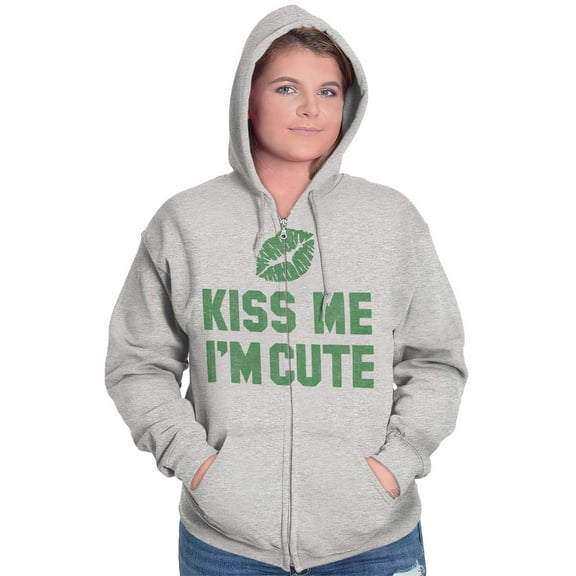 Kiss Me I'm Cute Saint Patricks Day Zip Hoodie Sweatshirt Women Brisco Brands S