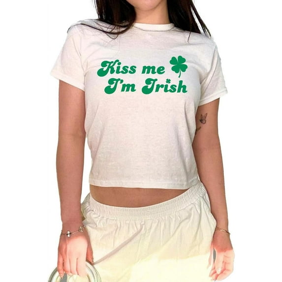 Kiss Me I'm Irish Baby Tee - Cute St Patricks Day Y2K Baby Tee, Irish St Pattys Day Top