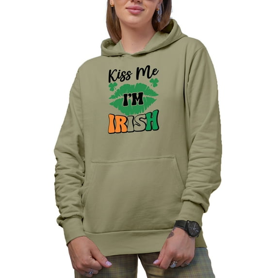 Kiss Me I'm Irish, St. Patrick's Day, Sand Hooded Sweatshirt or Hoodie, Large