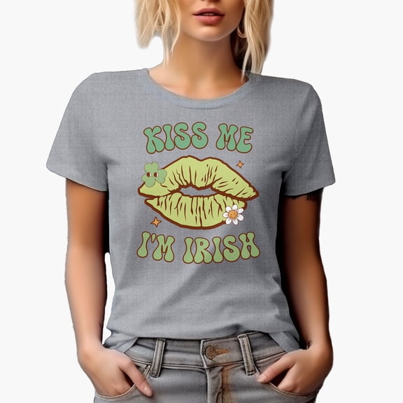 Kiss Me I'm Irish with Lips, Groovy Text, St. Patrick's Day, Heather Grey T-Shirt, XL