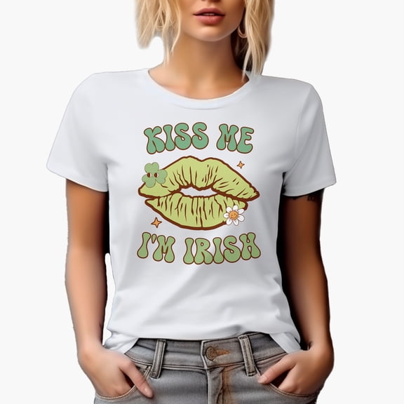 Kiss Me I'm Irish with Lips, Groovy Text, St. Patrick's Day, White T-Shirt, Small