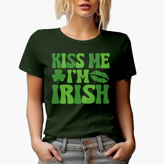 Kiss Me I'm Irish with Shamrock Leaf & Lip, Military Green T-Shirt, Small