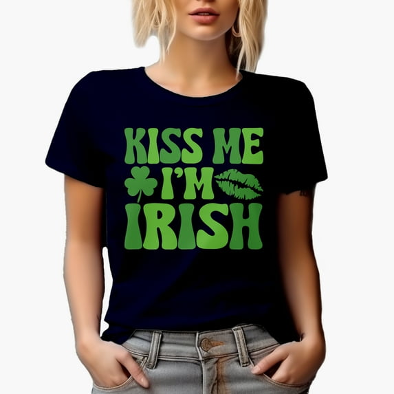 Kiss Me I'm Irish with Shamrock Leaf & Lip, Navy Blue T-Shirt, Medium