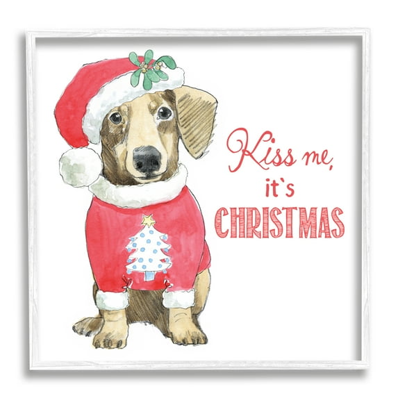 Kiss Me It's Christmas Dog Wearing Holiday Clothes Animals & Insects Graphic Art Framed Art Print Wall Art