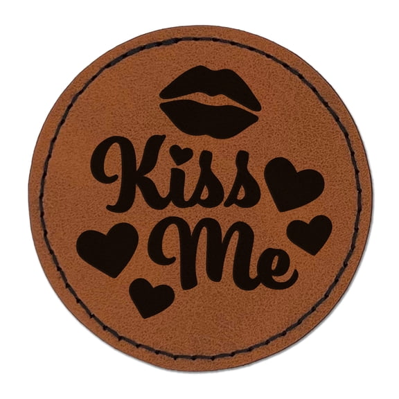 Kiss Me Lips 2.5" Faux Leather Round Engraved Iron-On Patch - Brown