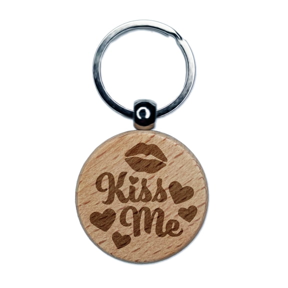 Kiss Me Lips Round Keychain Charm Tag - Engraved Wood