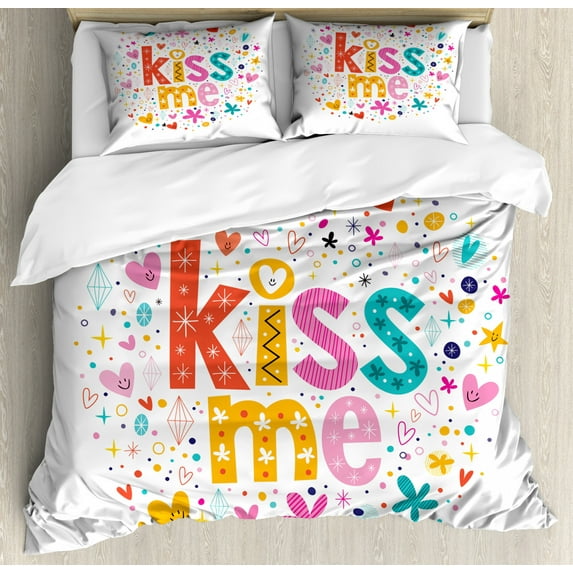 Kiss Me Queen Size Duvet Cover Set, Retro Romantic Typography with Colorful Cartoon Gemstone Heart and Stars Background, Decorative 3 Piece Bedding Set with 2 Pillow Shams, Multicolor, by Ambesonne