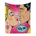 thumbnail image 1 of Kiss Me Soft Flannel Fleece Blanket, Young Couple Kissing Pop Art Style Vintage Drawing with Halftone Circles Backdrop, Cozy Plush for Indoor and Outdoor Use, 50" x 70", Multicolor, by Ambesonne, 1 of 6