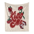 thumbnail image 1 of Kiss Me Soft Flannel Fleece Throw Blanket, Hand Calligraphy Style Phrase Nineties Style Retro Rose and Berries, Cozy Plush for Indoor and Outdoor Use, 70" x 90", Vermilion Green Beige, by Ambesonne, 1 of 6