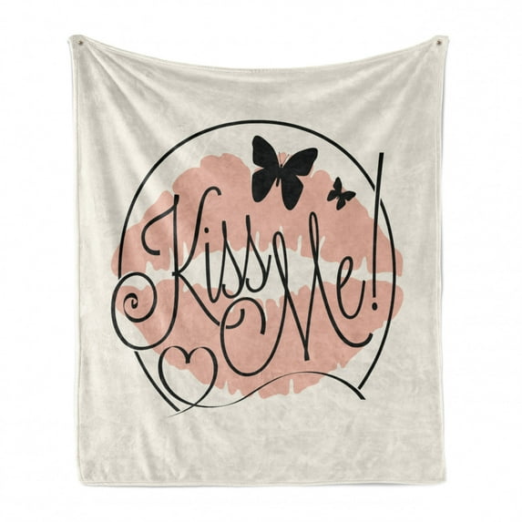Kiss Me Soft Flannel Fleece Throw Blanket, Hand Lettering Love Words with Butterflies and Lipstick Stain Motif, Cozy Plush for Indoor and Outdoor Use, 50" x 60", Pale Pink Ivory Black, by Ambesonne