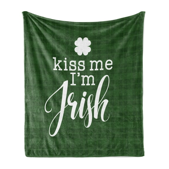 Kiss Me Soft Flannel Fleece Throw Blanket, Irish Clover Silhouette with Hand Lettering Words on Plaid Background, Cozy Plush for Indoor and Outdoor Use, 50" x 70", Dark Green and White, by Ambesonne