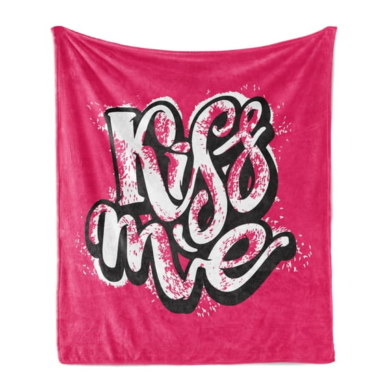 Kiss Me Soft Flannel Fleece Throw Blanket, Modern Hand Drawn Brush Calligraphy Words with Pink Shade Backdrop, Cozy Plush for Indoor and Outdoor Use, 50" x 70", Hot Pink Black and White, by Ambesonne