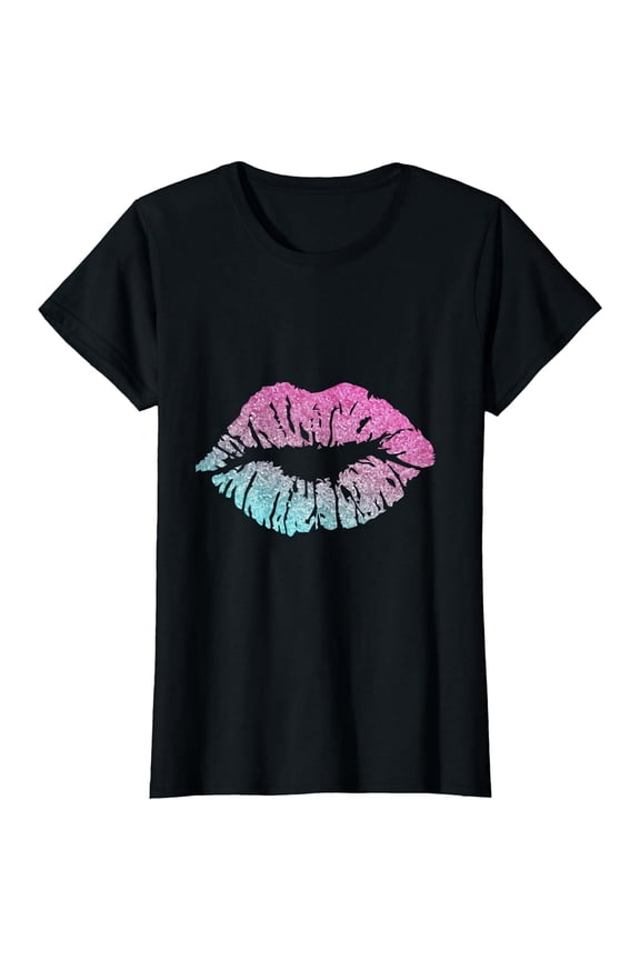 Kiss Me T-Shirt Tee Lips Glitter Rainbow