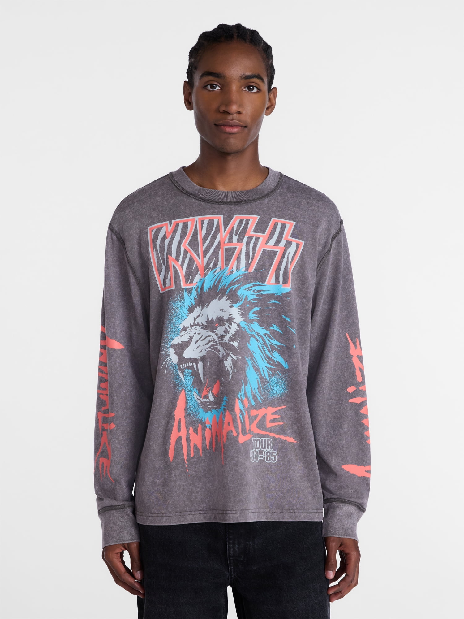 Kiss, Men's Mineral Wash Boxy Fit Graphic Long-sleeve Tee Shirt, Sizes XS-4XLT
